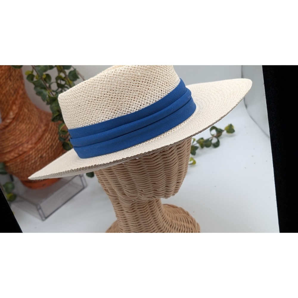 Craft & Club Straw Panama Style‎ Hat Cream Blue Band Summer Beach Sun Hat